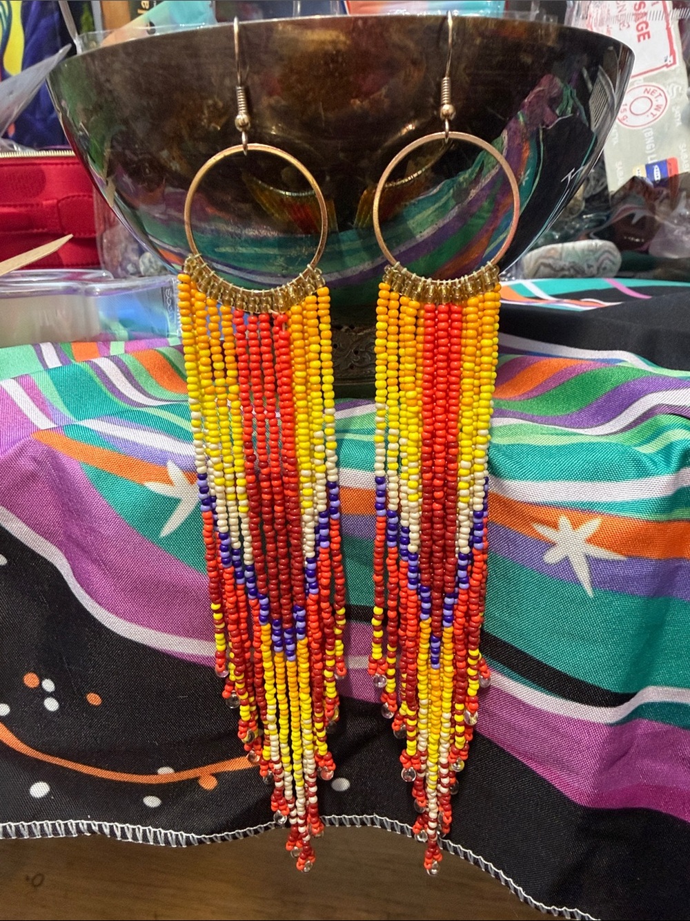 Hand Crafted Beaded Fringe Hoop Earrings - Yellow, Red, Blue
